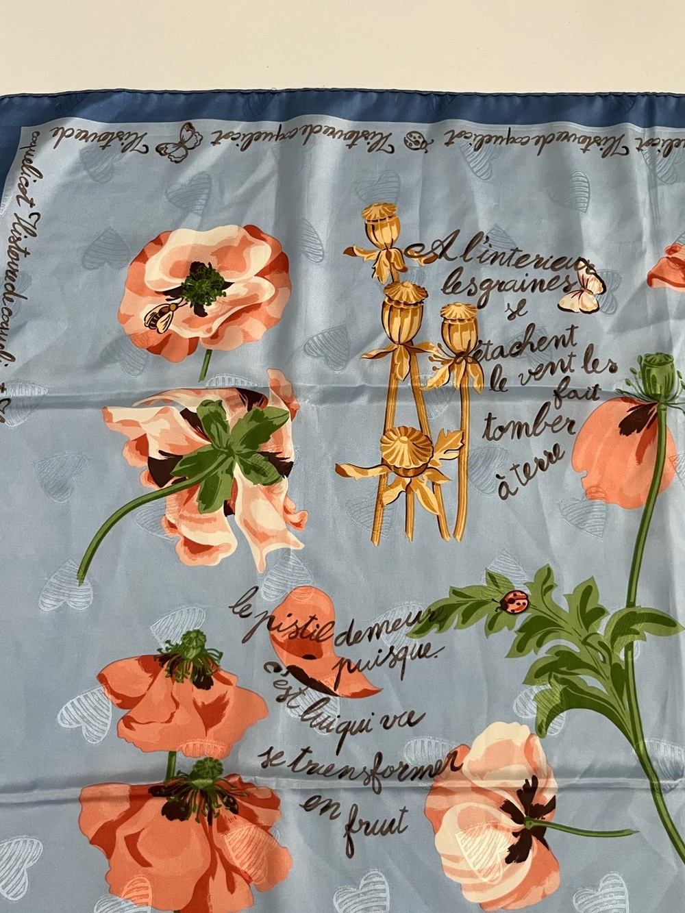 Nina Ricci Blue Scarf with Coral Floral Poppies - Picture 6 of 8